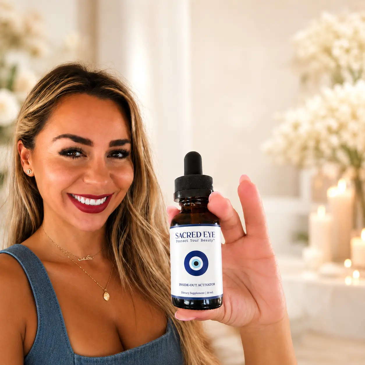 Elena holding a bottle of the Sacred Eye Inside-Out Activator